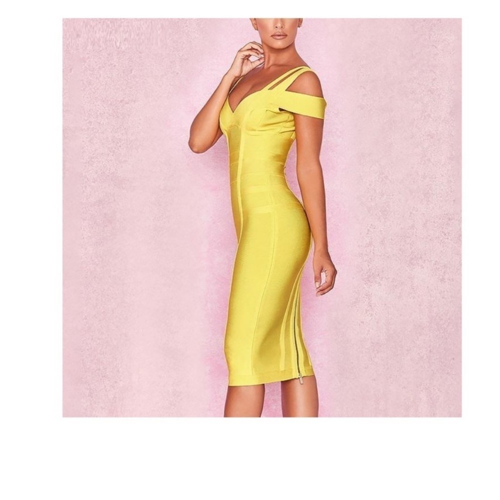 House Of CB London Neon Yellow Bodycon Bandage Cocktail Dress Size XS - Picture 2 of 13